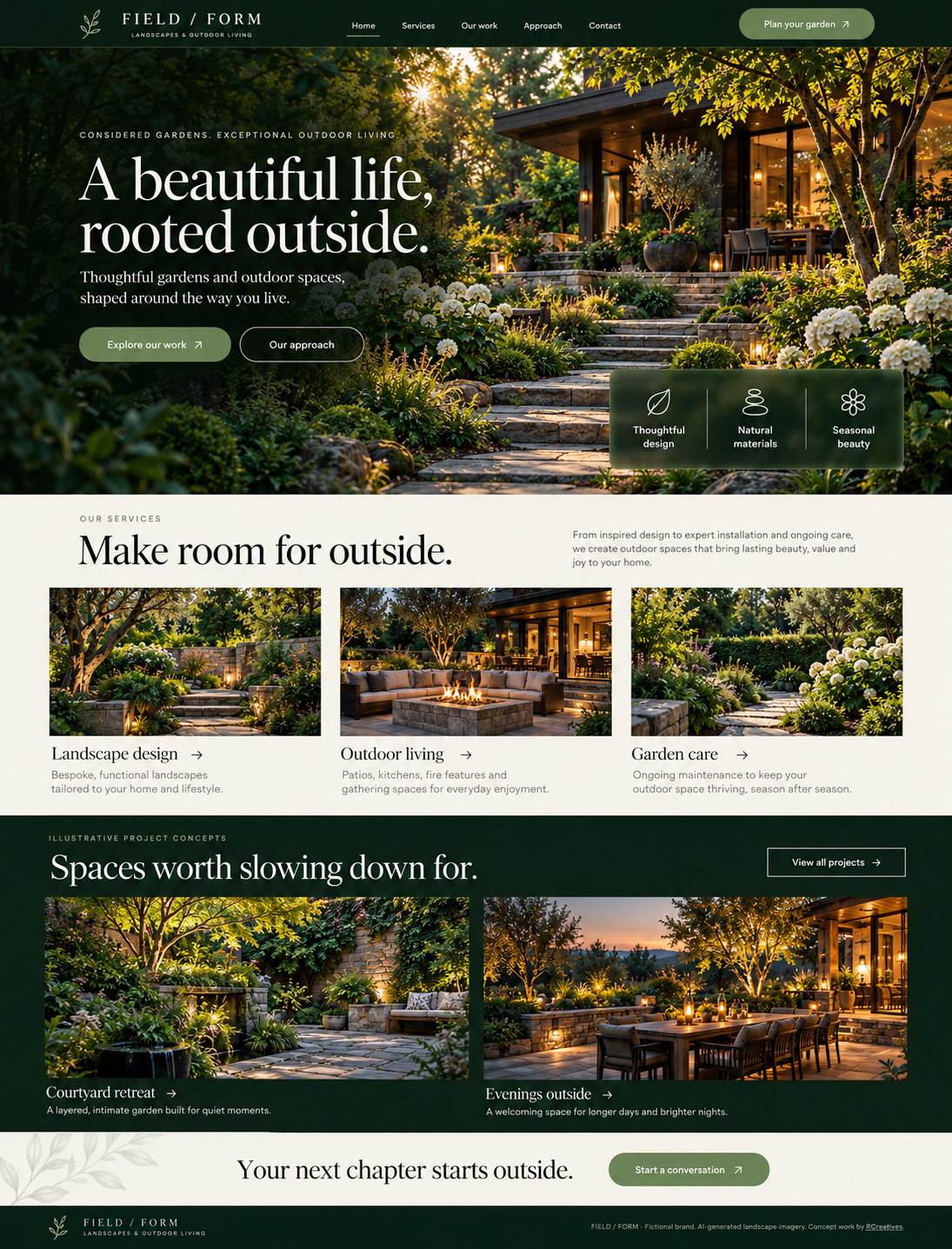 FIELD / FORM — Landscaping Website Concept. Approved static visual with AI-generated imagery.